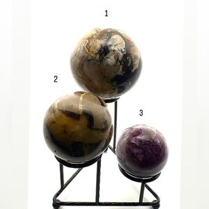 Set of 3 Crystal Spheres- Volcano Agate, Septarian & Dream Amethyst with Stand